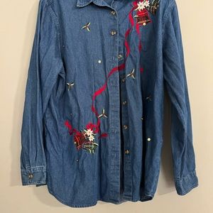 Vintage holiday bell and holly denim shirt size XL
